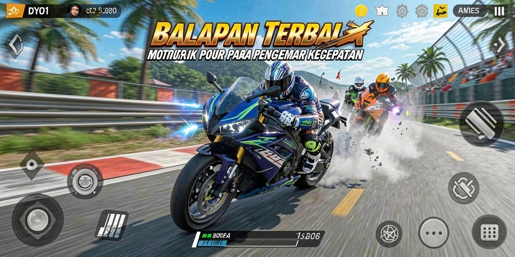 Tampilan gameplay DYO1 menampilkan balapan motor yang seru dan penuh aksi.