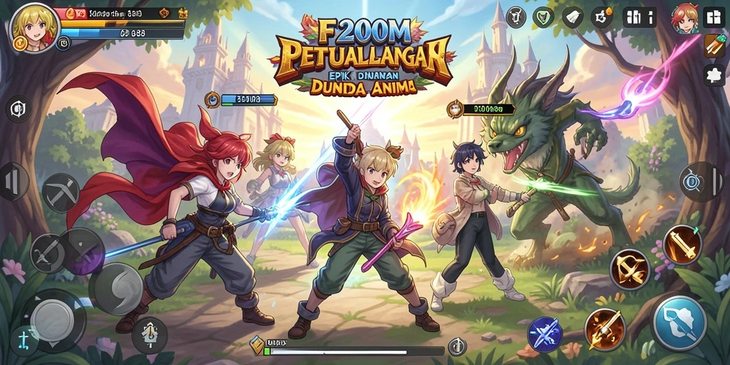 Gameplay F200M yang menampilkan karakter anime yang dinamis.
