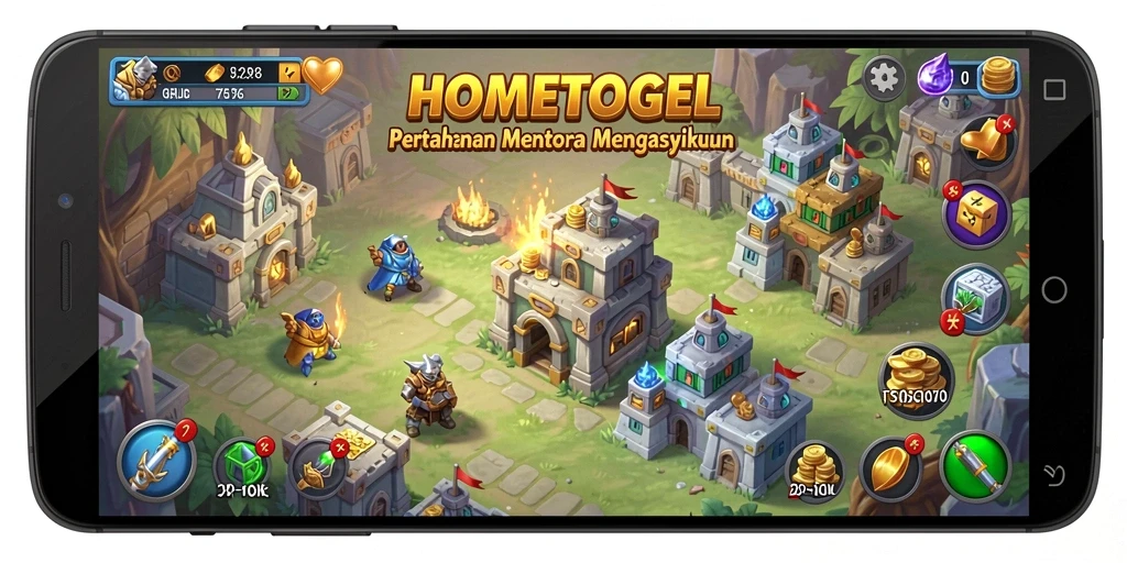 Screenshot menunjukkan gameplay seru HOMETOGEL di Tower Defense.