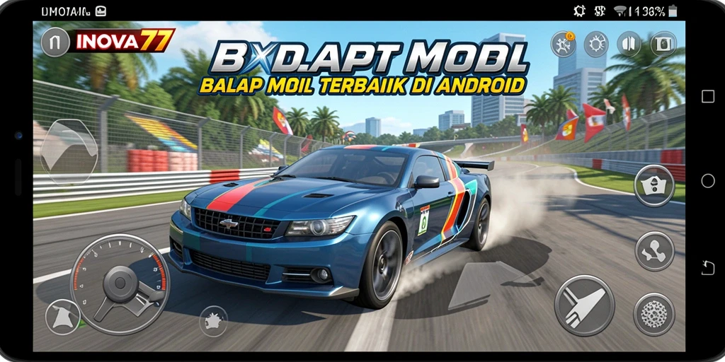 Tangkapan layar <strong>INOVA77</strong> menampilkan aksi balap yang intens dan grafis menawan.