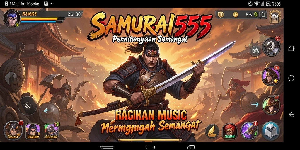 Tampilan gameplay SAMURAI555 yang penuh aksi dan musik.