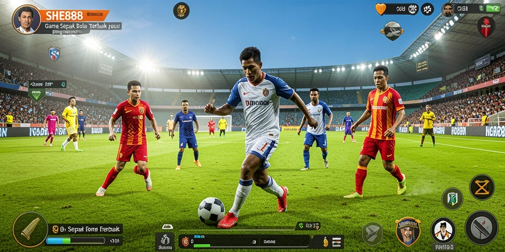 Tampilan gameplay SHE888 yang menampilkan aksi sepak bola intens.
